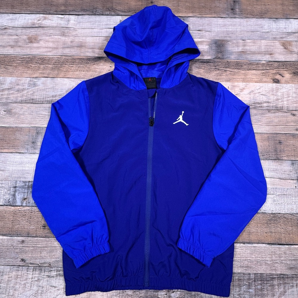 Nike Jordan Boys Windbreaker Jacket Blue Medium 10-12 Dri-FIT Hooded Full Zip